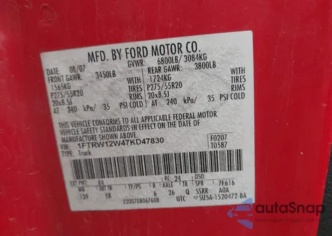 2007 Ford F-150 Xlt from USA, damaged, VIN 1FTRW12W47KD47830